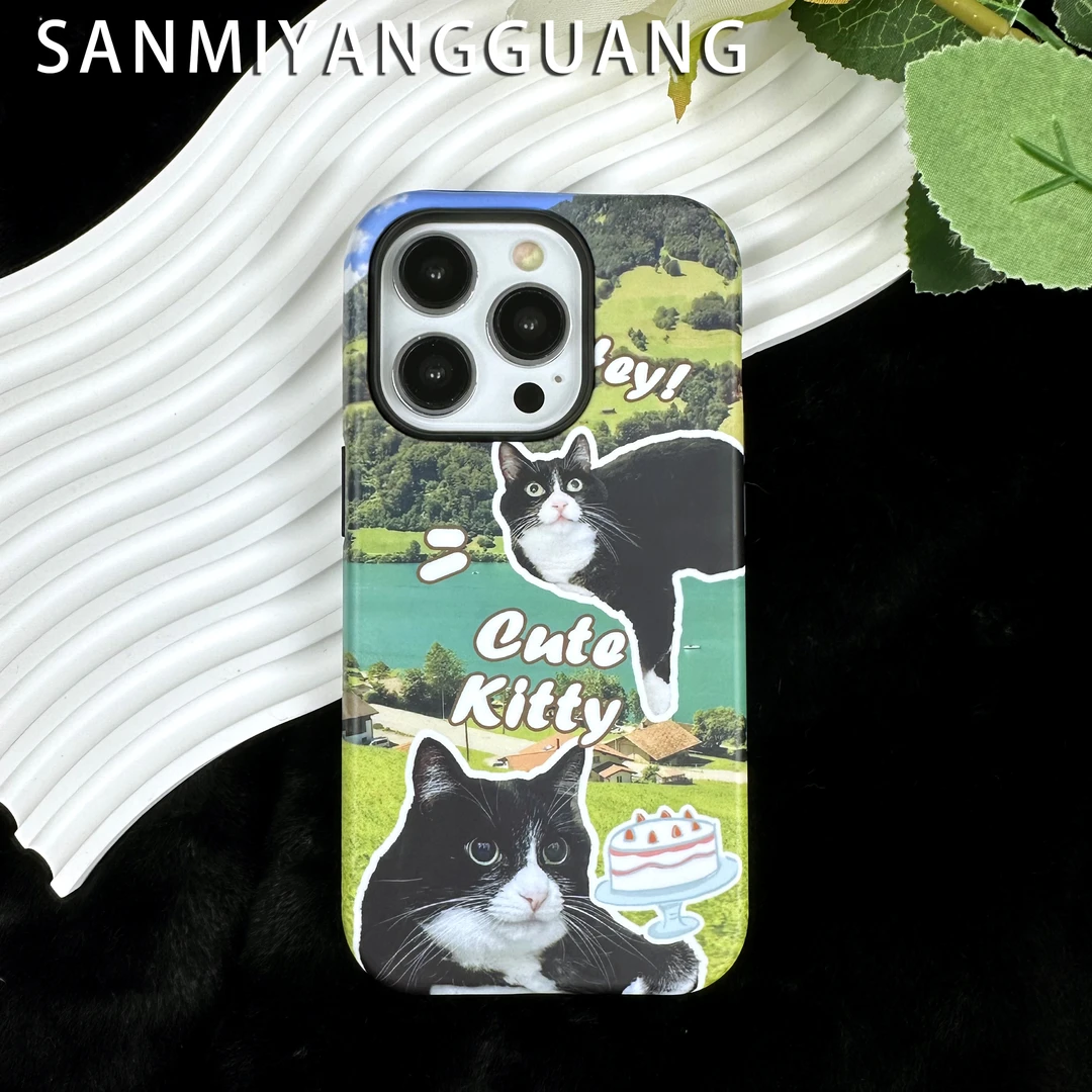 菲林二合一适用苹果华为vivo小米oppo手机壳精致黑猫15PRO/14/13