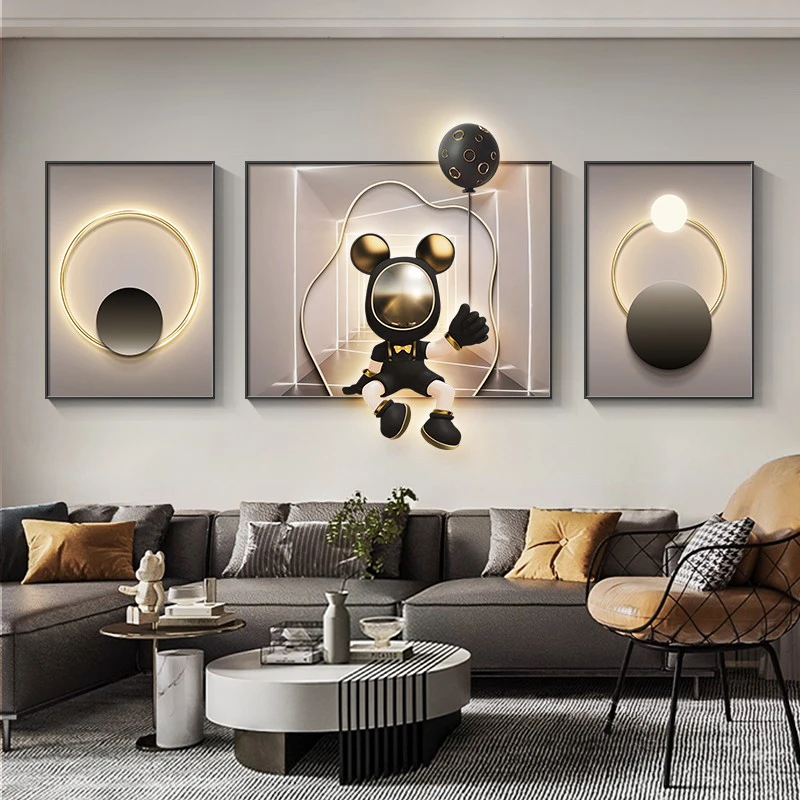 现代简约客厅装饰画创意三联宇航员公仔壁画大气沙发背景墙挂画