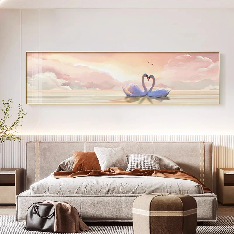 天鹅卧室床头装饰画轻奢客厅背景画2025新款横幅温馨主卧房间挂画