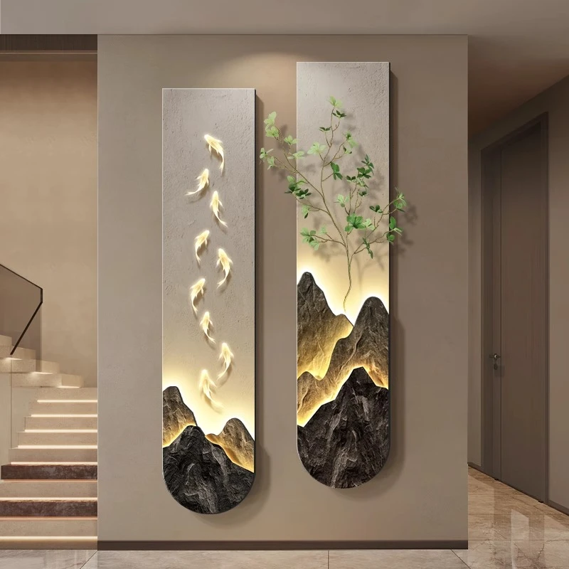 九鱼图玄关装饰画现代轻奢走廊尽头挂画立体背有靠山客厅双联壁画