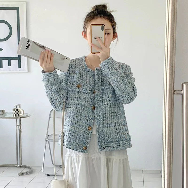 蓝色小香风外套女春秋新款气质名媛圆领格子粗花呢短款上衣女潮