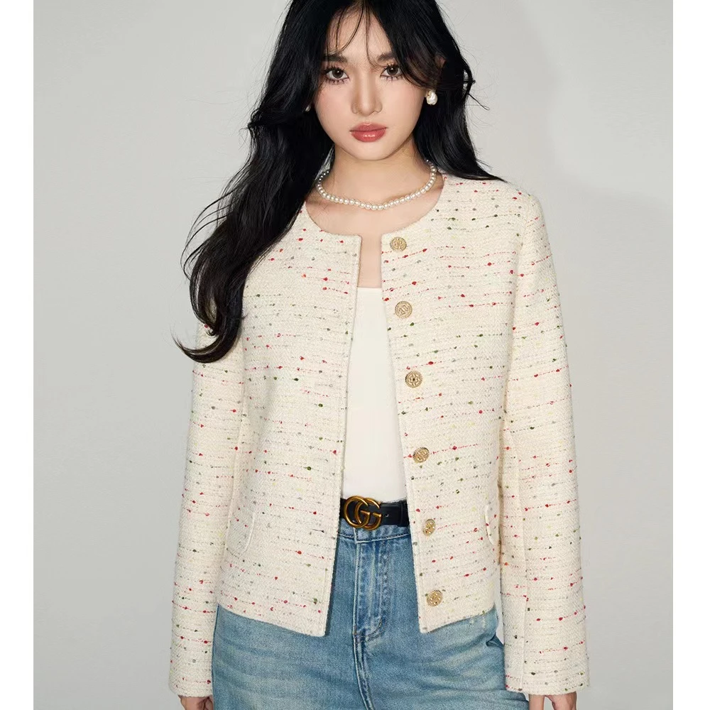 法式新品初秋圆领时尚百搭气质名媛小众短款粗花呢小香风外套上衣