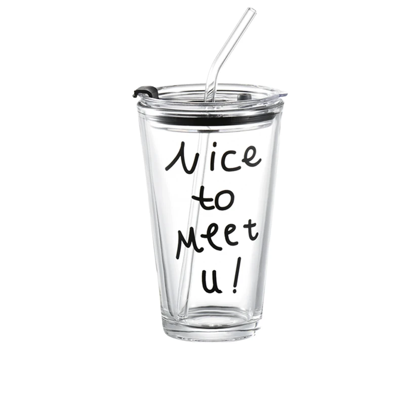 【直播福利】网红字母杯大容量玻璃吸管杯带盖耐热果汁杯刻度杯