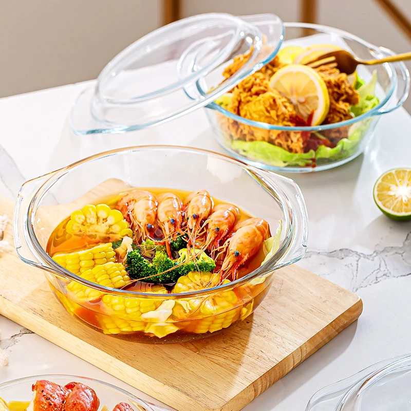 微波炉玻璃碗双耳带盖水晶煲耐高温蒸箱蒸锅烤箱专用透明玻璃碗