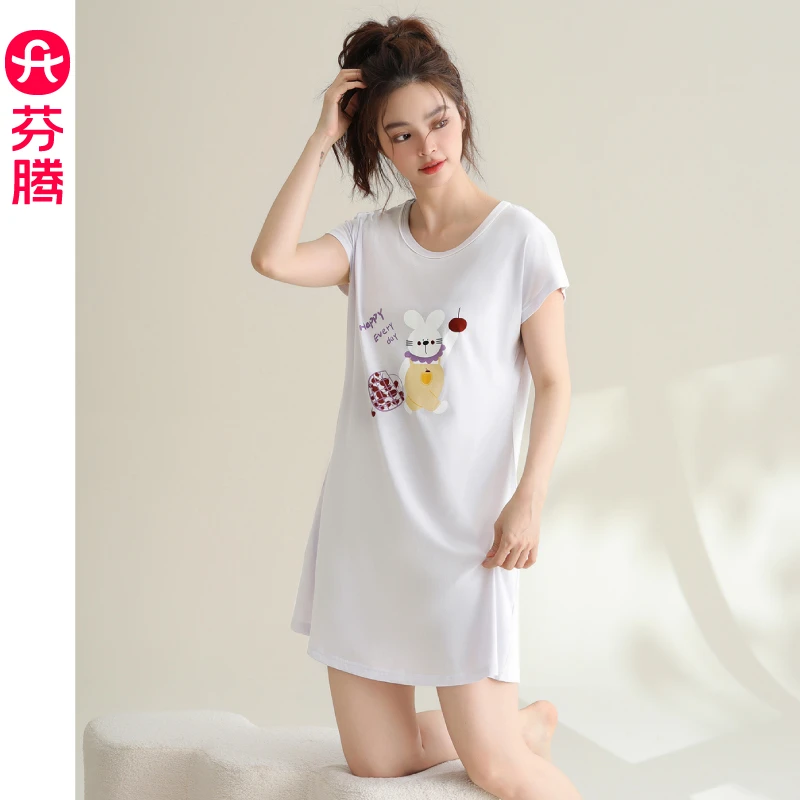 芬腾睡裙女夏季薄款2024新款纯棉连衣裙加大码全棉短裙家居服睡衣