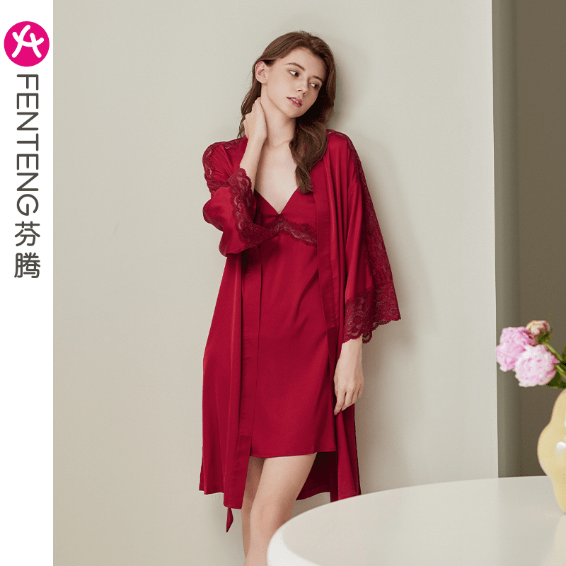 芬腾晨袍睡衣女士夏季薄款冰丝睡袍红色结婚高档吊带睡裙两件套女