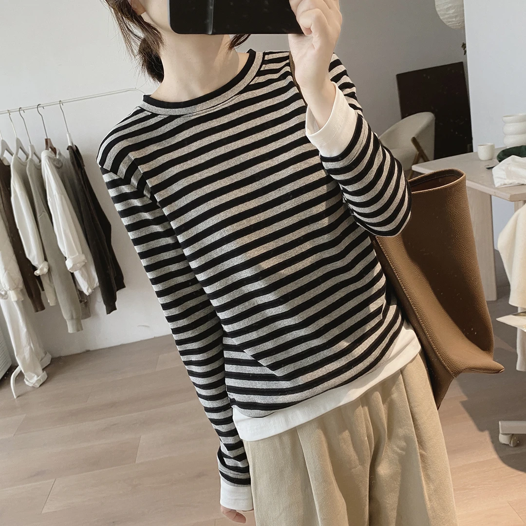 棉质t恤女春秋季新款宽松显瘦简约条纹拼接上衣减龄假两件打底衫