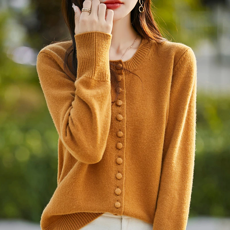 女款加厚纯羊毛衫包扣开衫加厚毛衣针织衫圆领秋冬显瘦