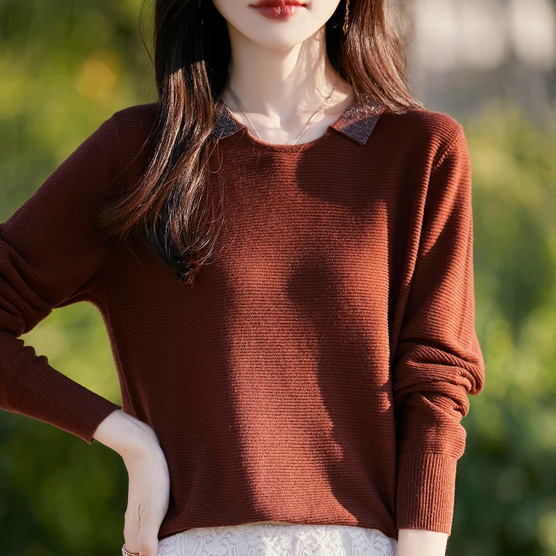 秋季新款烫钻小翻领针织衫宽松版毛针织衫毛衣羊毛衫春秋显瘦