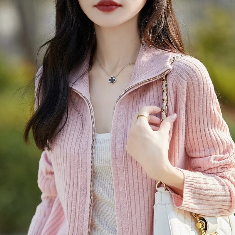 纯羊毛翻领拉链开衫外套 针织衫毛衣女款外穿内搭