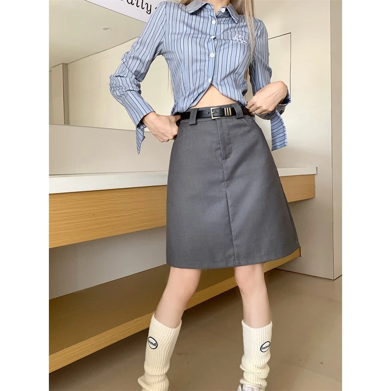 灰色西装显瘦半身裙加长版中裙美式复古高个子A字裙高腰遮肚短裙