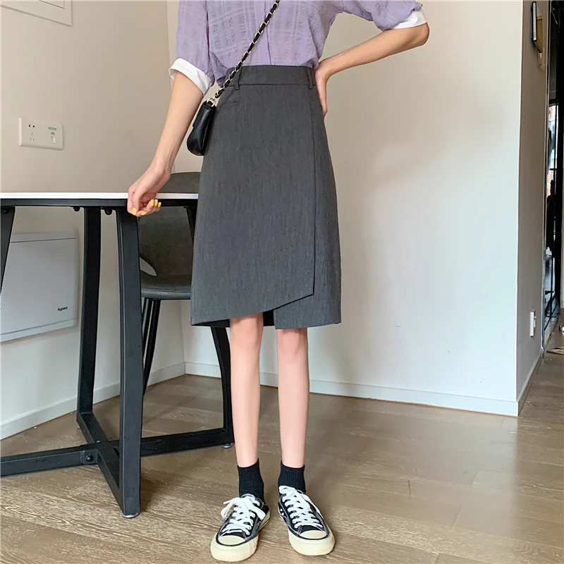大码不规则中裙气质西装遮胯开叉韩版高腰a字显瘦半身裙一步裙春