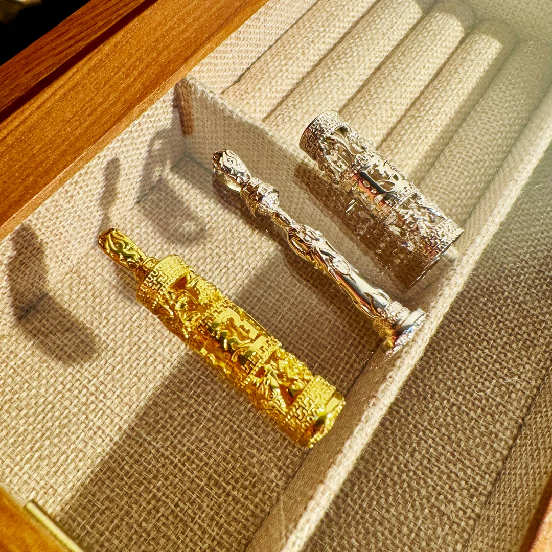 吊坠925银 金色八宝无事柱镂空百搭项链