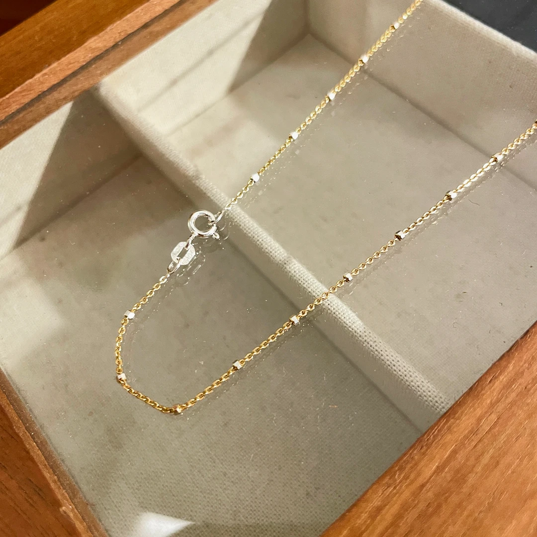 链子925银 六角米珠项链女纯银s925银饰时尚百搭小众简约金色黑色