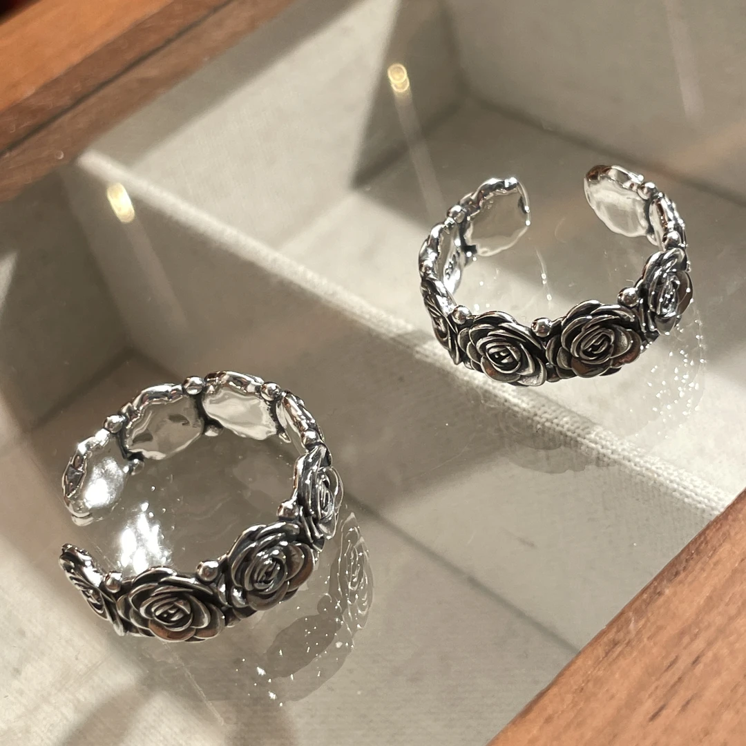 925银戒指 玫瑰花戒指女复古做旧银戒手工气质