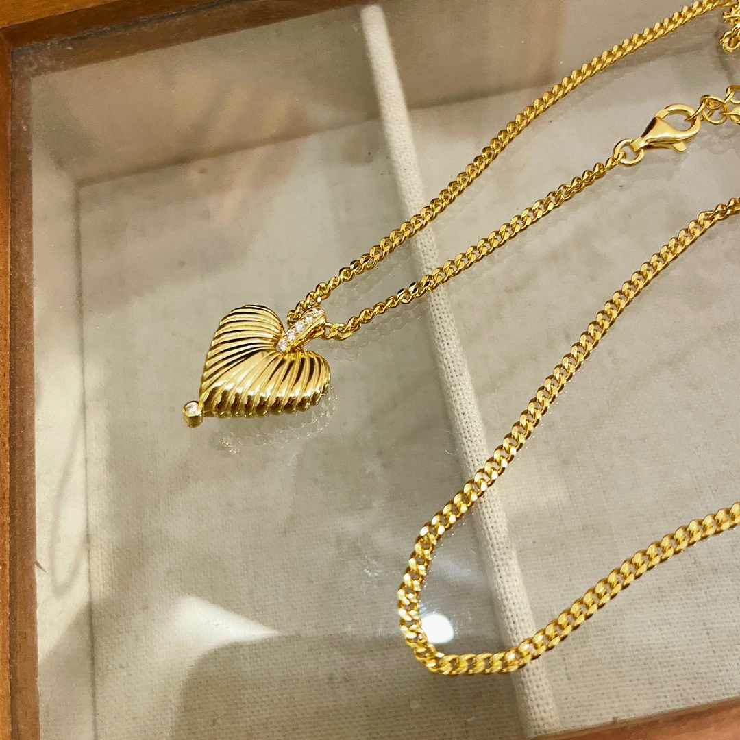 坠链均925银 条纹爱心吊坠女纯银s925银饰项链一套金色中古