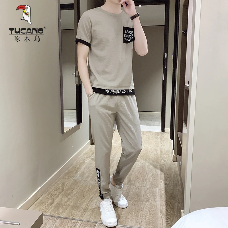 TUCANO/啄木鳥正品青年潮流休闲运动套装男夏季修身T恤长裤两件套