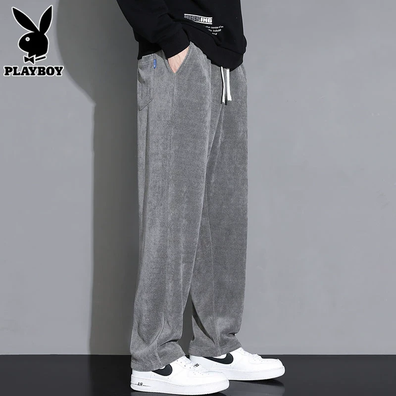 花花公子雪尼尔男士休闲裤潮流宽松垂感直筒运动裤长裤子男款冬季