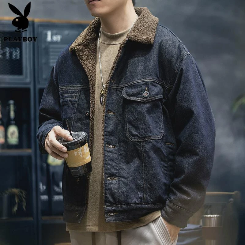 花花公子羊羔绒短款牛仔外套男冬季2024新款美式复古棉服加厚工装