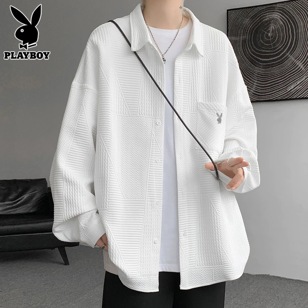 花花公子提花长袖衬衫男士秋季潮流宽松外套休闲白色衬衣服男新款