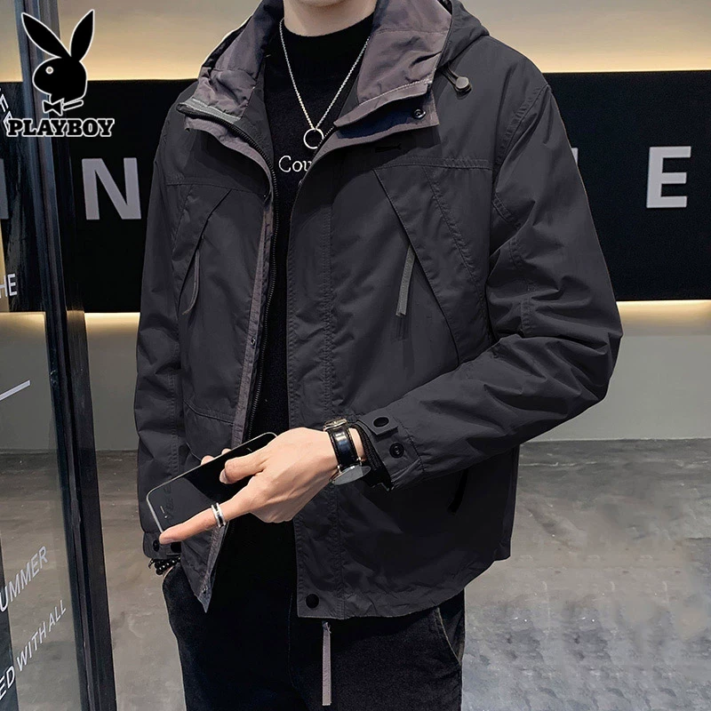 花花公子休闲夹克男士冲锋衣秋季黑色外套新款潮牌连帽户外上衣男
