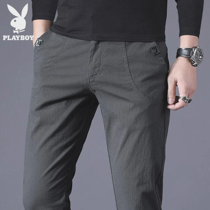花花公子秋季休闲裤男士修身小脚裤2024新款潮流灰色通勤长裤子男
