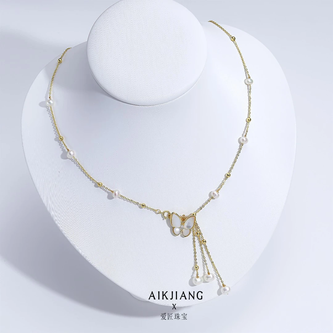 AIKJIANG/爱匠【白总】淡水白色小米珠满天星5-8mm合金款流苏项链
