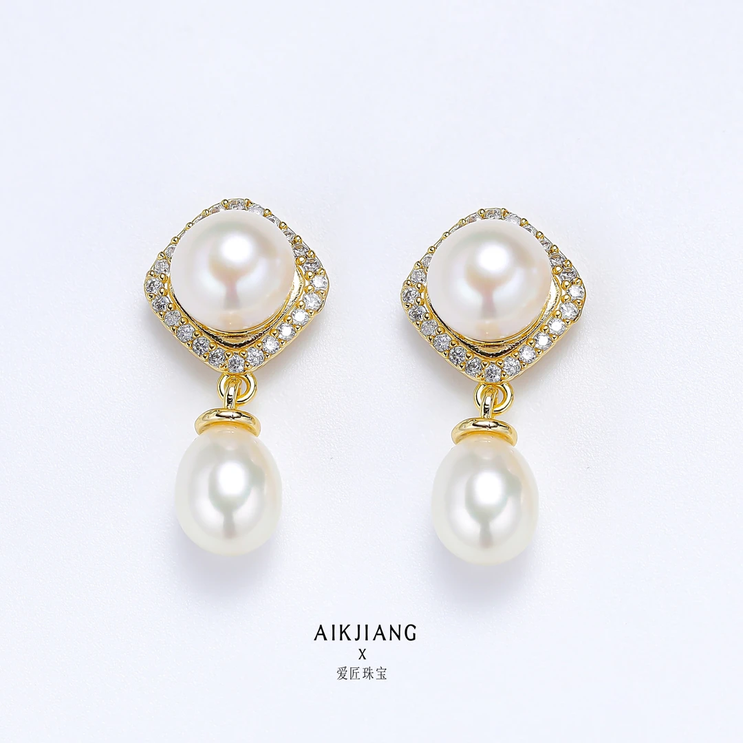 AIKJIANG/爱匠【白总】淡水白珠复古双珠耳钉6-8mm左右百搭AJ1422