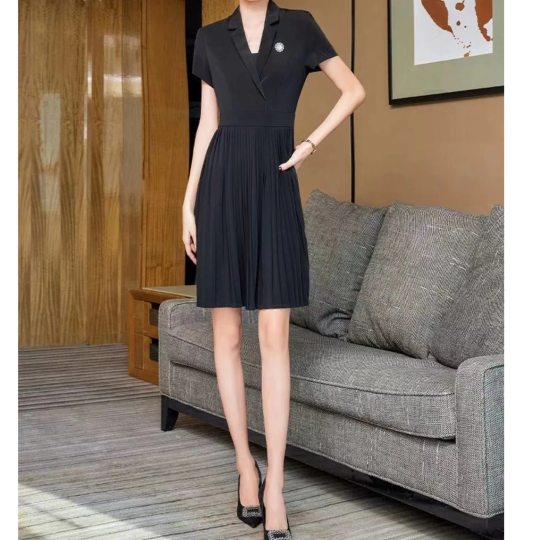 012夏季黑色西装领连衣裙短袖法式高腰百褶裙2024新款气质短裙