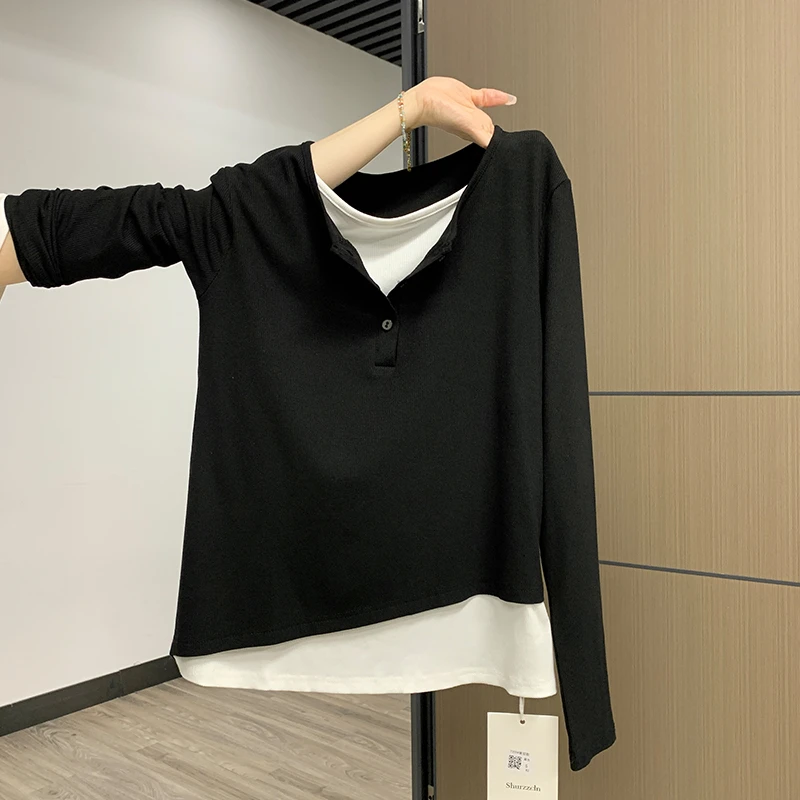 黑白拼色假两件正肩排扣T恤女早秋螺纹设计感长袖内搭打底衫上衣1