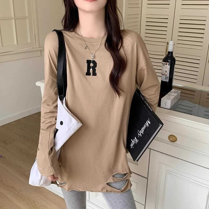 美拉德穿搭破洞打底衫女内搭秋冬季中长款长袖t恤洋气遮屁股上衣