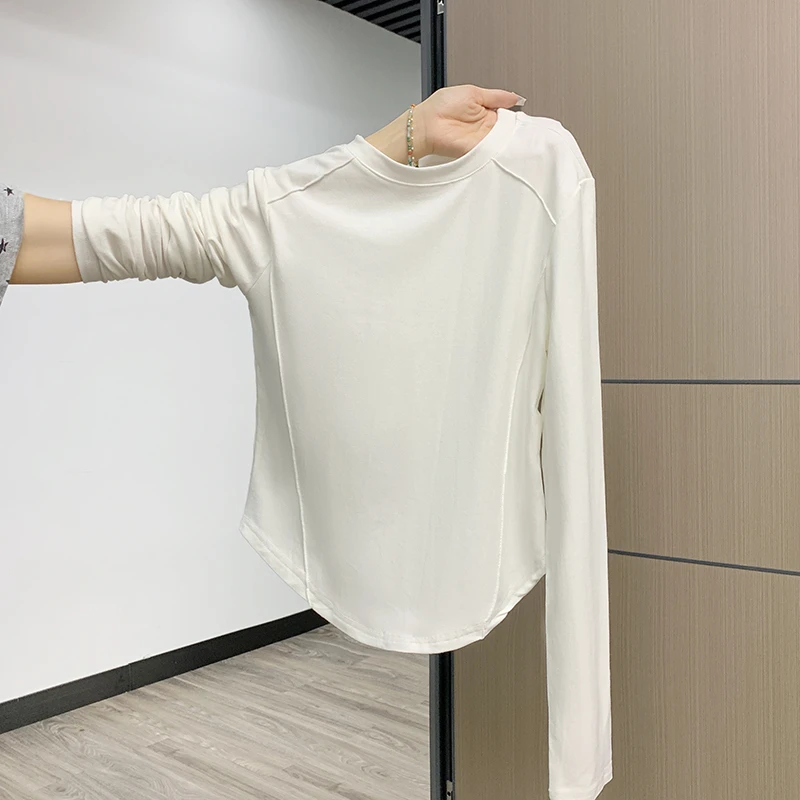 黑色圆领正肩不规则下摆T恤女春秋内搭收腰显瘦长袖打底衫上衣服1