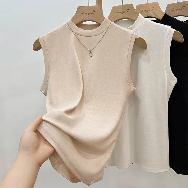 时尚百搭无袖T恤秋季时尚百搭加绒吊带背心小立领防走光打底上衣