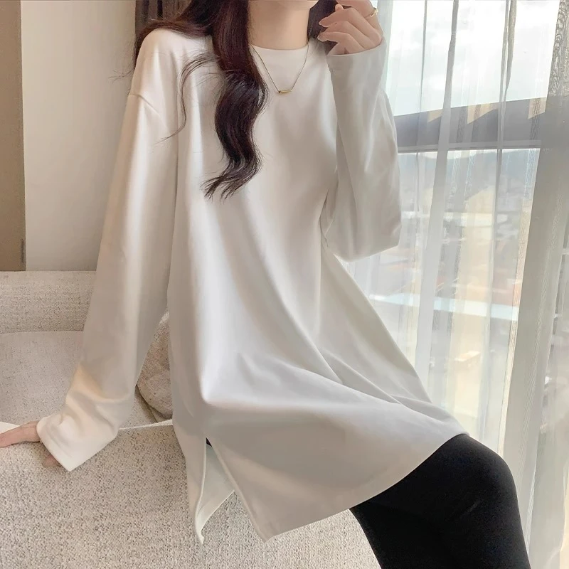 白色叠穿打底衫女内搭秋冬中长款配鲨鱼裤的长袖上衣遮屁股T恤女