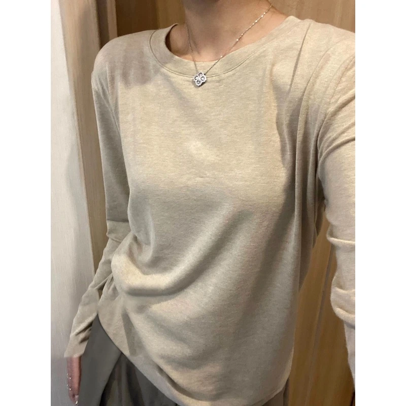 2023年新款简约纯色面膜长袖T恤春秋休闲宽松显瘦打底衫内搭上衣