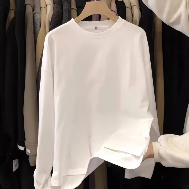 前短后长白色打底衫女内搭秋冬德绒加厚长袖t恤纯色宽松百搭上衣