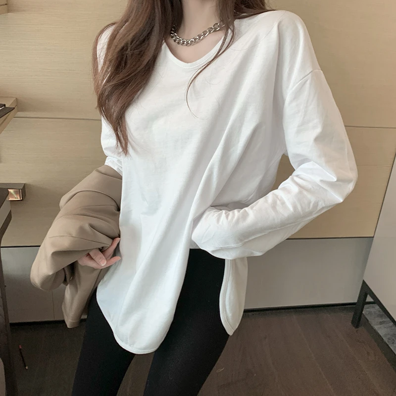 U型领纯欲时尚百搭长袖T恤秋冬洋气弧形下摆开叉宽松纯色打底上衣