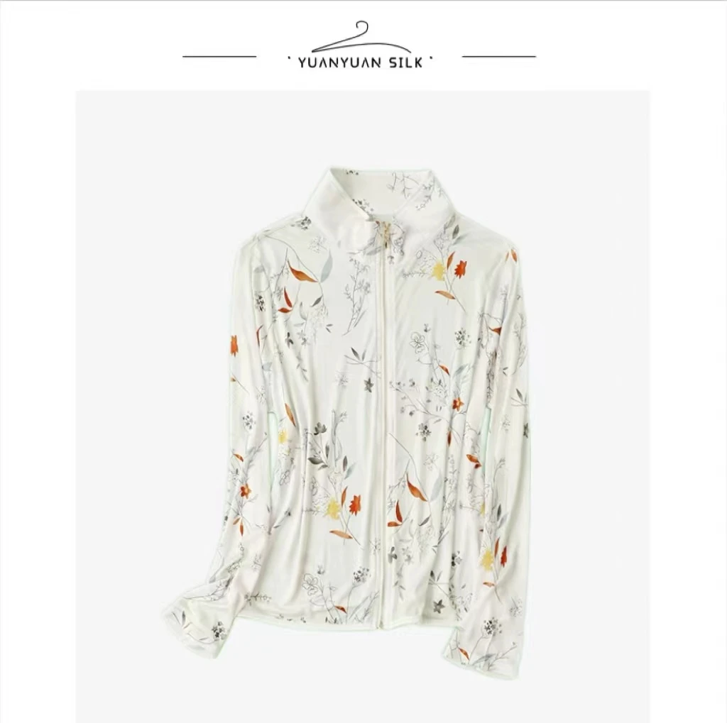Q 42针100%桑蚕丝时尚百搭透气叠领印花拉链长袖上衣女c81