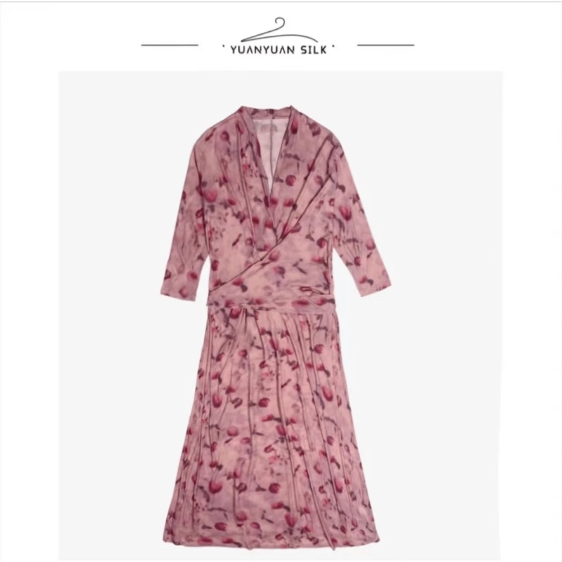 C 42针2800捻桑蚕丝新品时尚轻奢百搭透气女装裹身系带连衣裙e45