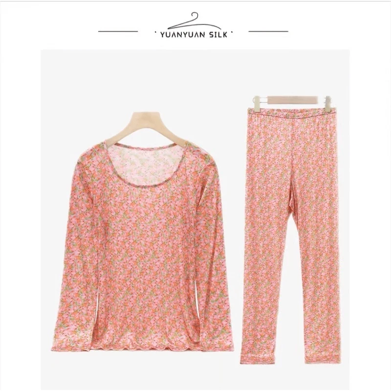 Q 100%桑蚕丝夏季新品女士气质印花长袖打底睡衣套装c85