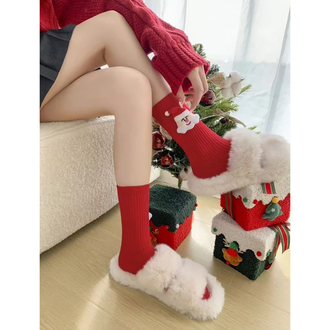 红色纯色袜子圣诞袜精梳棉双针无骨工艺中筒袜