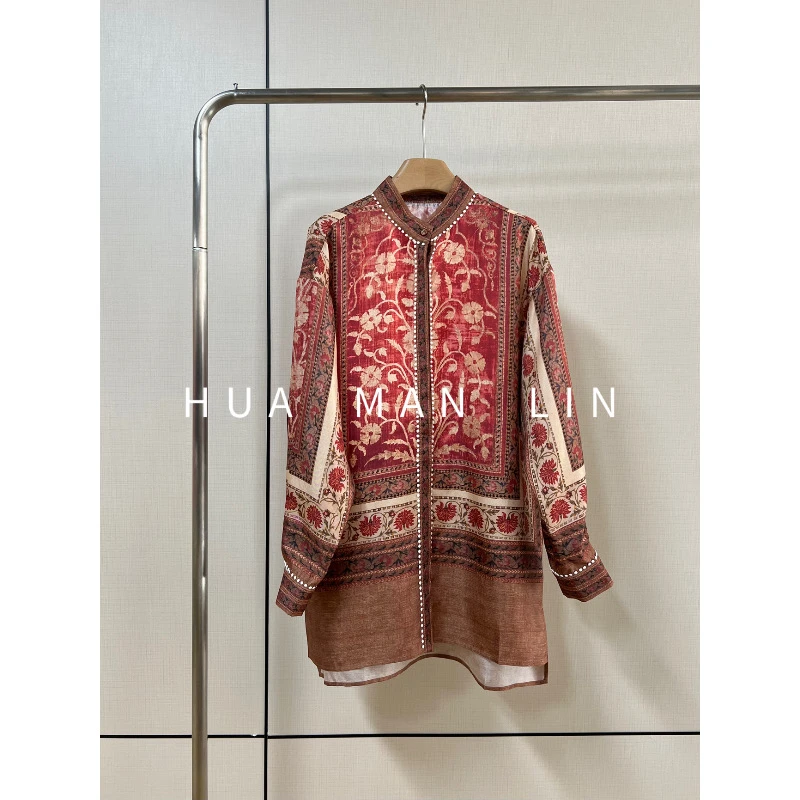 【花满林】立领红色小花刺绣边26MM斜纹绸真丝桑蚕丝上衣246719