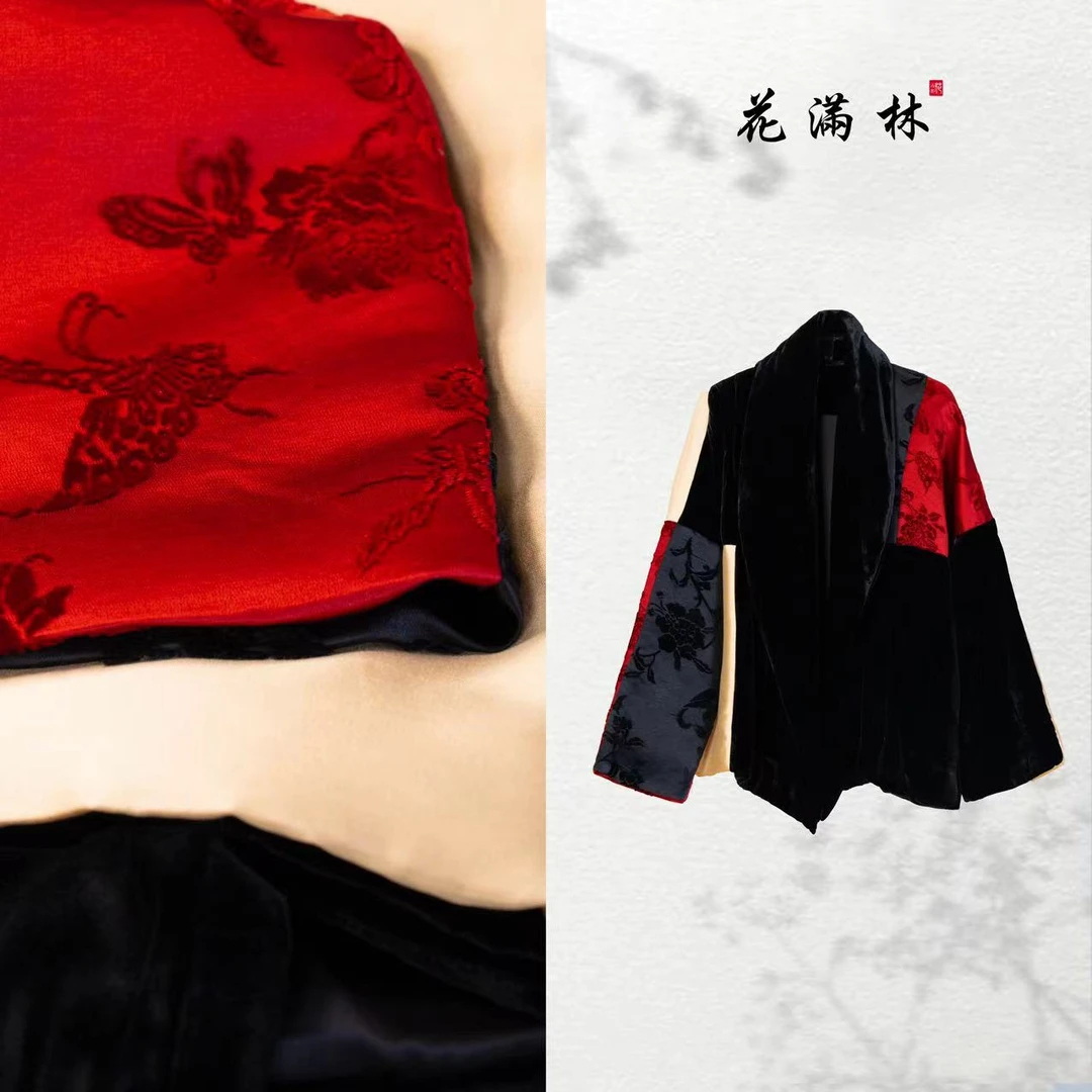 花滿林'红韵东方'大领子桑蚕丝丝绒拼接漳绒桑蚕丝加厚外套246641