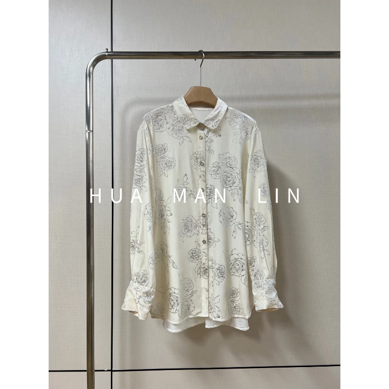 花滿林‘向晚玫瑰’翻领排扣烫金玫瑰真丝丝绒桑蚕上衣246782