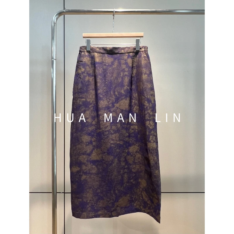 花滿林两侧松紧腰烫金香云纱龟裂纹真丝桑蚕丝半身裙246666-1
