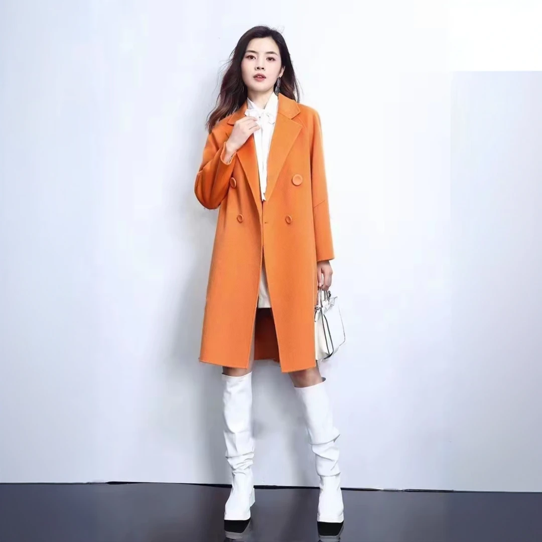 D8517专柜同款秋冬大衣女士英伦风过膝长款插肩袖西装领大衣外套