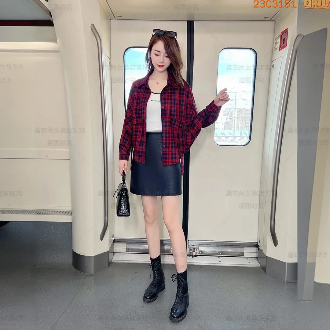 C3151商场同款春秋新款时尚洋气短款格子外套宽松休闲百搭衬衫潮