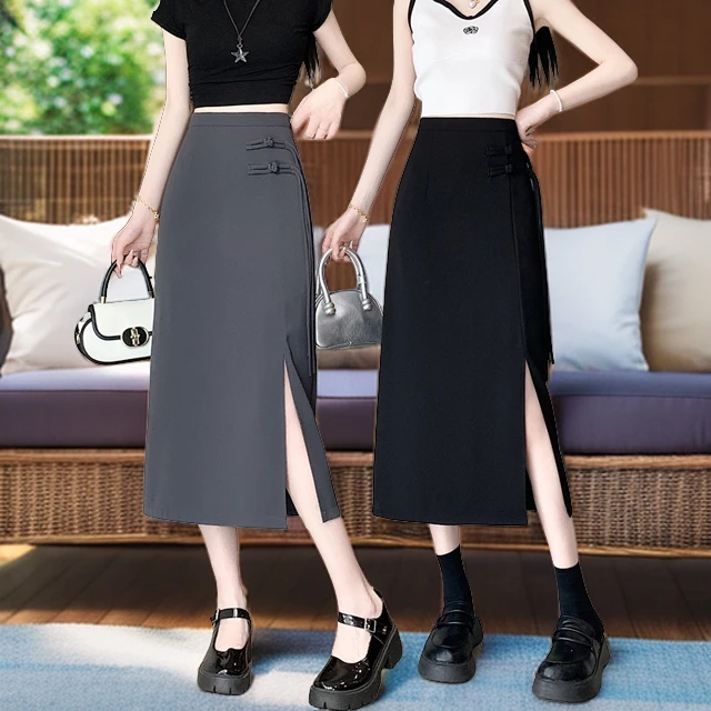 2024新中式国风高腰女装中长款显瘦半身裙黑色气质修身黑色半身裙