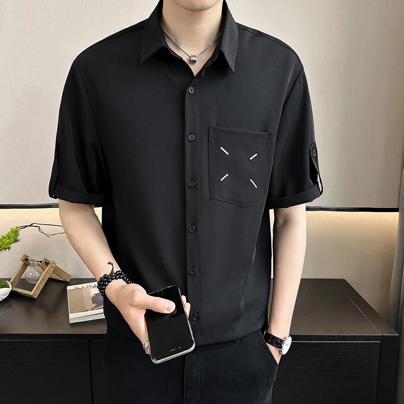 夏季男士短袖衬衫韩版宽松冰丝垂感刺绣百搭痞帅五分袖衬衣266