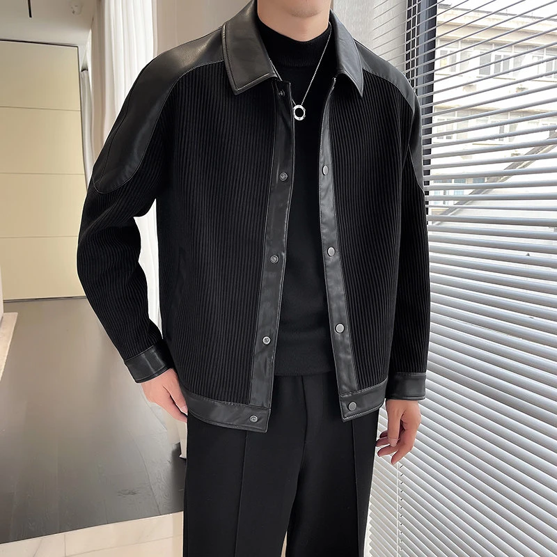 春季男士大码PU皮拼接夹克外套男韩版潮流痞帅百搭皮衣外套502